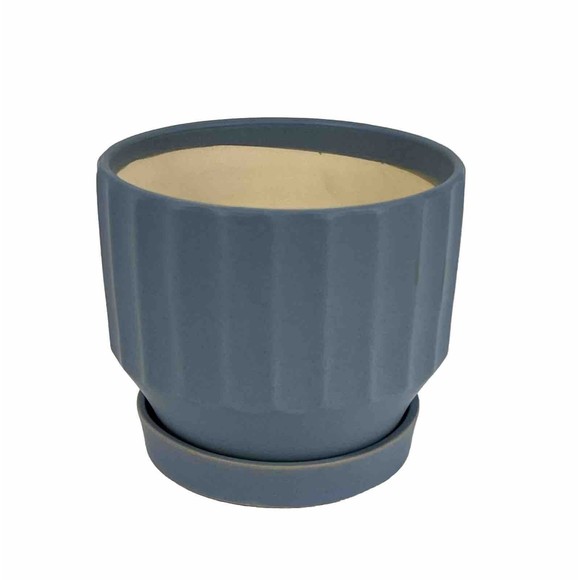 Bombay Ribbed Ceramic Planter 5.5” Drainage Hole Saucer Matte Blue Flower Pot - Picture 9 of 14